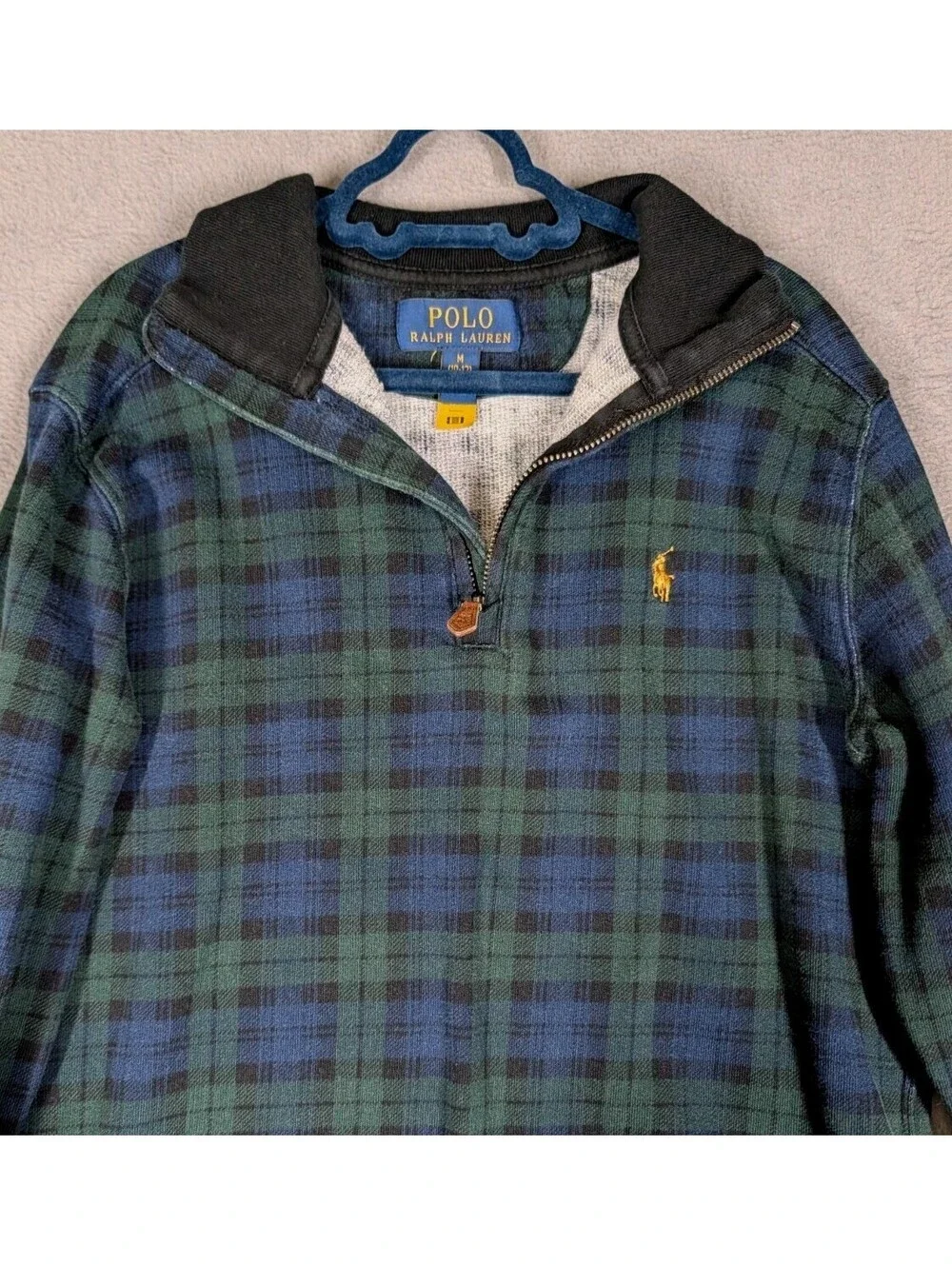 Polo Ralph Lauren Boys M 10 12 Blue Green Plaid Quarter Zip Sweatshirt Pullover